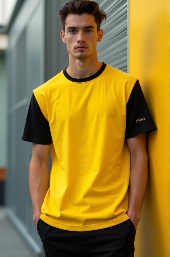 A 14-year-old boy,Light brown skin,Mini shorts,Slender legs,largeeyes,short detailed hair,Tall and thin,Melon seed face,Yellow T-shirt,blue short pants,Orange background,Black color hair,Sharpen,Pubic area is clear,k hd