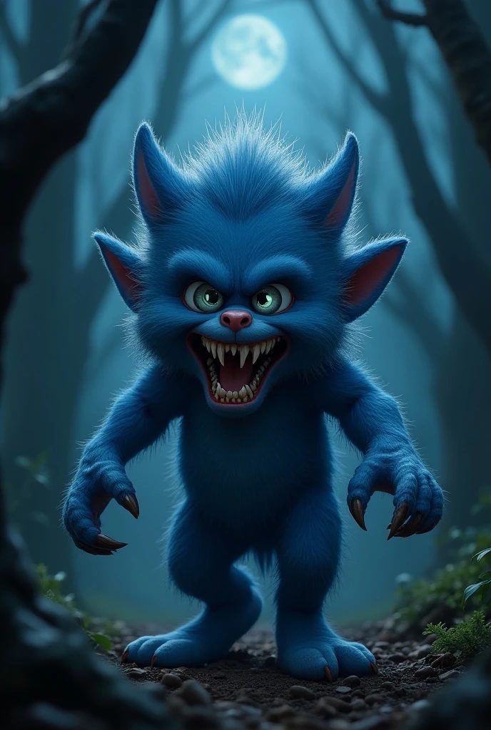 A small dark blue monster, with hair, feathers and tail. He has long claws and sharp teeth., stained with blood. His eyes are huge and black.