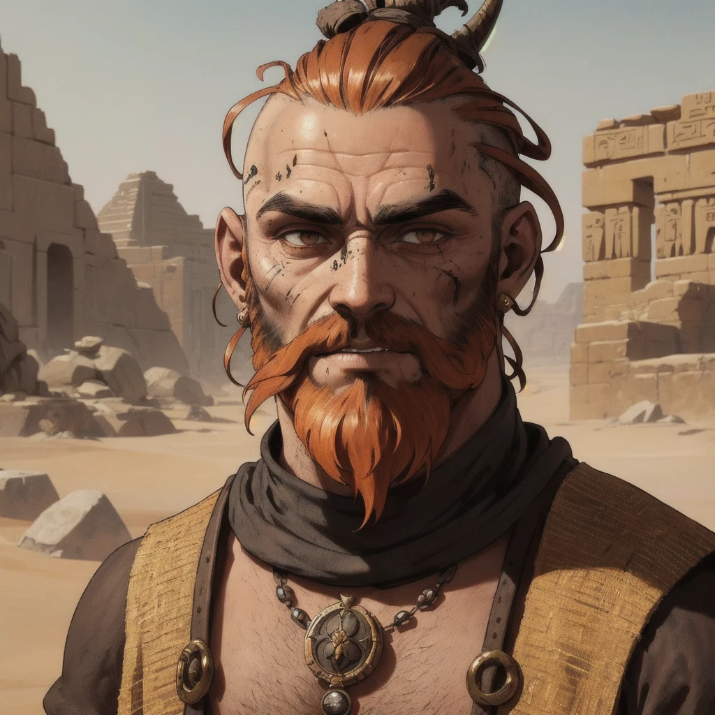 A fantasy portrait of Grak Zarepth, resembling an ancient Egyptian but with a more barbaric and rugged appearance. He is bald with coppery skin and a prominent goatee beard. His clothing is simple and worn, made from rough cloth, and his body is adorned with primitive bone and bronze ornaments. His face is dirty, showing the harshness of his life, with scars and a hardened expression. The background suggests an ancient, pre-industrial world with desert landscapes or ruined stone structures. The overall look is gritty and fitting for a character from the sword and sorcery genre