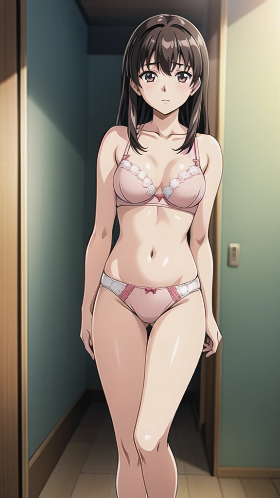 Yamagata Rika、21 years old、Brown Hair、Long Hair、、悲しいface、Brown Eyes 、 Full Body Style 、 normal breasts、、 narrow waist 、Bare legs、In underwear、、 upper body bra、 pink bra、lower body panties ，Pink Ribbon Panties ，White pumps、 Official Art, Extremely Detailed CG Unity 8k Wallpaper, full light,  colorful , bright _ Front_face_Lighting,  shiny skin, ( masterpiece:1.0),(Highest_quality:1.0), 超 Hi-Res,4K, super detailed photo shoot, 8k,  Hi-Res,  Hi-Res,  absurd:1.2,  Kodak Portra 400, film grain,  blurry background, Bokeh:1.2,  lens flare , ( lively_ color:1.2), Professional photography, Anime Images、