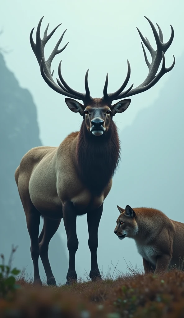 "In the heart of a fog-covered valley, a giant elk with enormous antlers stands next to a fierce mountain lion. They both gaze forward, the tension between them softened by the mist, creating a powerful and haunting atmosphere."