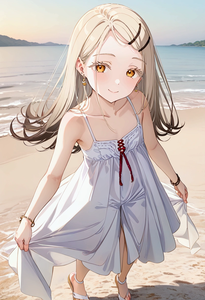 High image quality 、masterpiece、 High Quality  、Full HD、4K 、View from above、 depict only one girl、Depict the whole body、Hiroshi Shinozawa、Cream colored long hair 、Black hairpin、 golden eyes、slim、 smile、Red  on cheeks、 flat chest、unadorned sleeveless white dress、 wearing white sandals、An empty beach、 open your mouth、Straighten one arm and raise it、dancing on the beach 、evening、Red Sky、Reddish Sea 