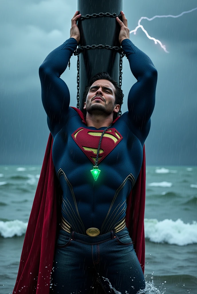 Nicholas Alexander Chavez, a muscular man dressed, 30 years old, with a small beard, in a superhero costume, is tied to a robust column in the middle of the vast ocean.  The costume is predominantly blue with a red cape and a large, stylized 'S' emblem on the chest, which is red and yellow. The furious waves crash against the column, splashing salty water over his blue and red suit. a glowing emerald green crystal pendant hanging from his neck, The column, made of an indestructible material, stands solitary on the horizon, surrounded by the infinite sea. Superman, with his arms extended, raised overhead and firmly tied, arms chained to the column, looks weak and in pain, head down, with his eyes closed. The sky is dark, and lightning illuminates the scene, reflecting in the turbulent water. Rainy scene, poor lighting due to rain, face and body wet from the rain, Intense lightning lighting highlights the superhero from the right. It’s an image of struggle and resilience, where even the Man of Steel faces the immensity and power of nature.