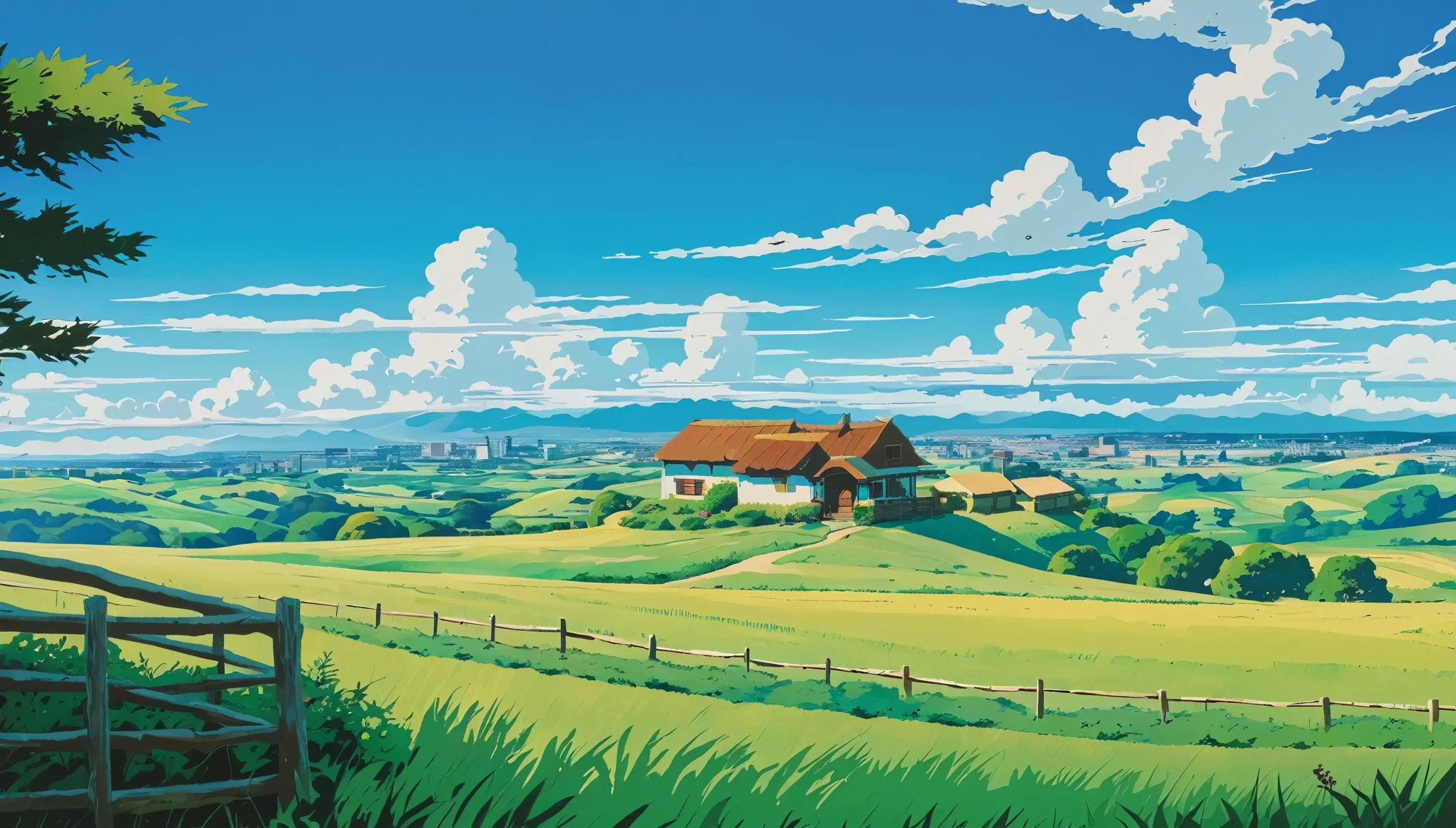 ( minimalism :1.4),  Studio Ghibli Art , Miyazaki, Ranch with city views,  blue sky and white clouds,no one