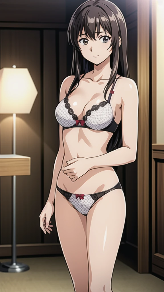 Yamagata Rika、21 years old、Brown Hair、Long Hair、、悲しいface、Brown Eyes 、 Full Body Style 、 normal breasts、、 narrow waist 、Bare legs、In underwear、、 upper body bra、 black bra、lower body panties ，black ribbon panties，White pumps、 Official Art, Extremely Detailed CG Unity 8k Wallpaper, full light,  colorful , bright _ Front_face_Lighting,  shiny skin, ( masterpiece:1.0),(Highest_quality:1.0), 超 Hi-Res,4K, super detailed photo shoot, 8k,  Hi-Res,  Hi-Res,  absurd:1.2,  Kodak Portra 400, film grain,  blurry background, Bokeh:1.2,  lens flare , ( lively_ color:1.2), Professional photography, Anime Images、