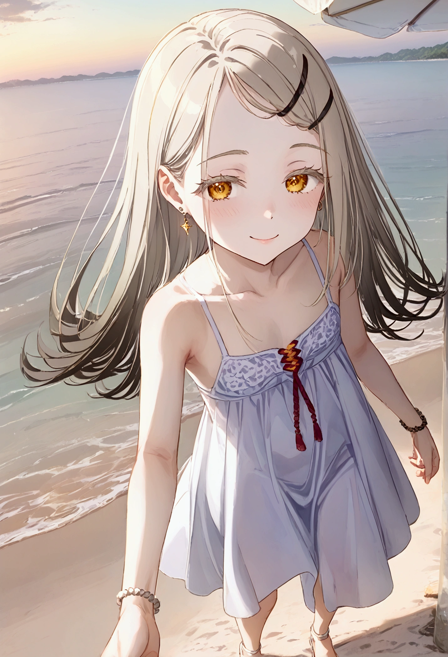 High image quality 、masterpiece、 High Quality  、Full HD、4K 、View from above、 depict only one girl、Depict the whole body、Hiroshi Shinozawa、Cream colored long hair 、Black hairpin、 golden eyes、slim、 smile、Red  on cheeks、 flat chest、unadorned sleeveless white dress、 wearing white sandals、An empty beach、 open your mouth、dancing on the beach 、evening、Red Sky、Reddish Sea 