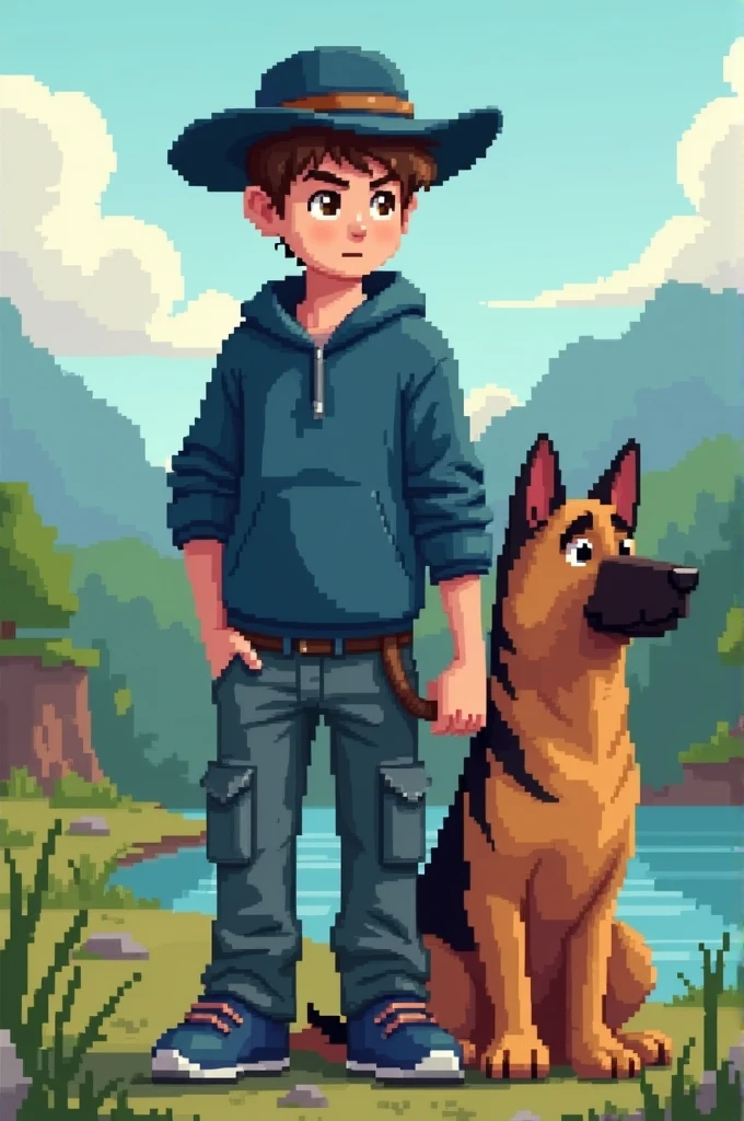  Illustrates a Minecraft-style pixelated male character,  with fairly light brown hair ,  hazel eyes , fairly light skin tone ,  some jean cargo pants , blue shoes,  wearing a dark blue fisherman's hat , and a blue sports shirt , accompanied by a German shepherd dog  