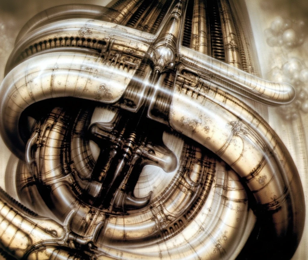 HRGGR, The image is a detailed view of H.R. Giger's biomechanical tableau \" LANDSCAPE No 312 \" plate, featuring ( Giger's is a fantasy-style illustration of a complex, intricate mechanical structure, resembling a futuristic city or fortress, with a central spiral and towering design and multiple levels and towers, reminiscing Boeklin painting ), (best quality:1.4).The piece is a tableau, most likely created with a India ink pen or pencil on paper, determined by the thin lines, shading techniques, and the texture of the paper, which is visible around the edges. Used is pen, given the shading and variations in line weight visible in the image. Artist have used a variety of stylus with different degrees of hardness to achieve the shading effects. The use of undersaturated green-grays dark contrasts creates a stark and graphic look. Is used a variety of linework techniques to create different textures. Fine, parallel lines create a smooth, metallic texture,while thicker, more cursive lines suggest cables or wires. Light source from the top highlights skeletals, pper part of foreground, lower part of image is in shadowupper part of foreground, lower part of image is in shadow. The art performance showcases the artist’s skills in observation and rendering. The level of detail in the piece suggests a close study of real bone specimens and mechanics. The artist has skillfully used shading techniques to create a convincing illusion of three-dimensionality on a flat surface. The wrinkles and cracks in the surface, and the cast shadows with accuracy, used shading techniques to create a realistic depiction of light and shadow on the objects. This creates a sense of depth and dimension in the image. The artist has used careful linework to depict the contours and textures in the piece Sharp focus on foreground elements illustration. Deep and delicate DOF. Big painting. Stored in Louvre masterpiece, ooze soaked pajama top