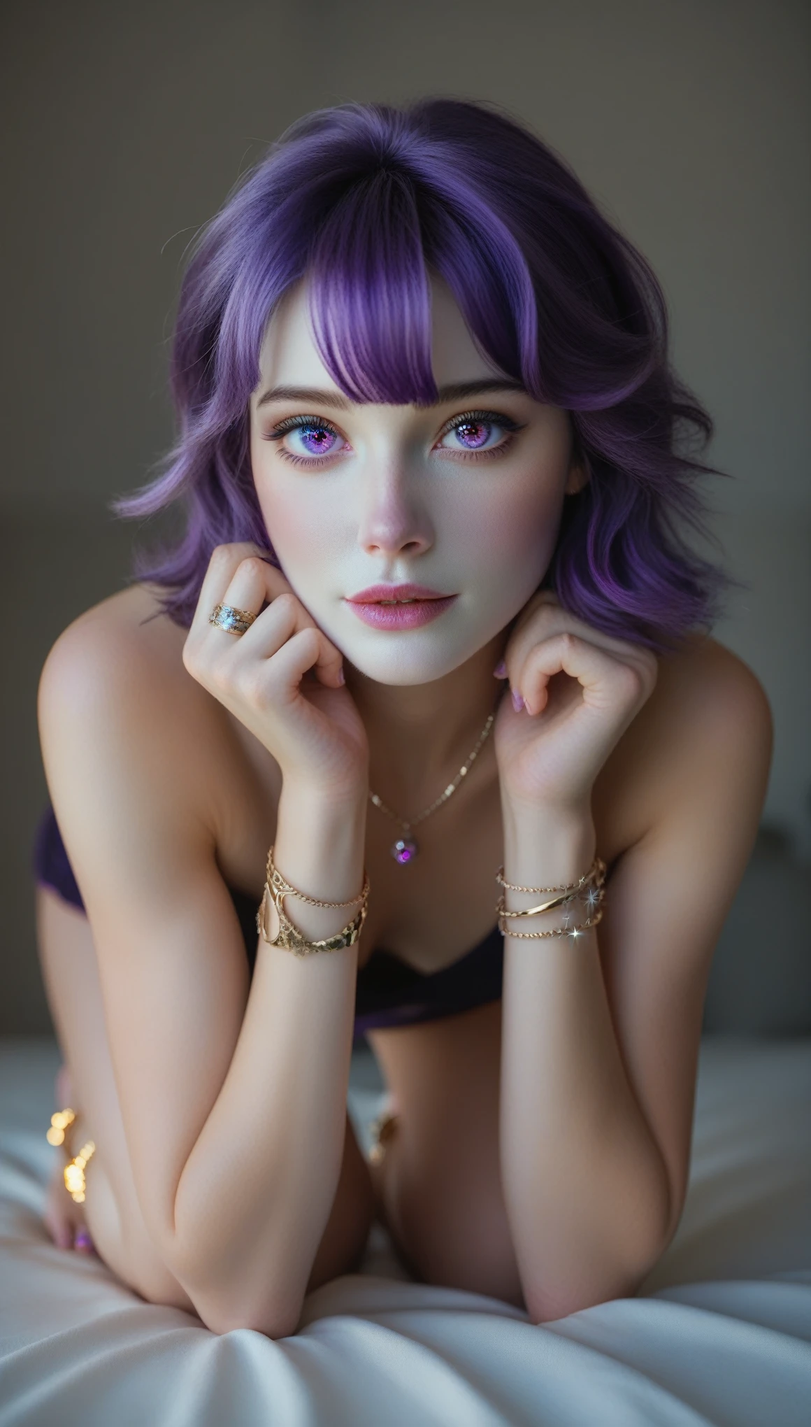 ( Hi-Res),4D,Octane rendering,(beautiful detailed eyes), ( white skin:1.8, white skin, smooth skin), ( 1 girl:1.52), (Purple Hair:1.35), (  heterochromic eyes ),( purple eyes:1.37), (Sparkling Eyes),  perfect body, anklet,Bracelet,Kneel, slouching forward, butt close-up ,From the left,