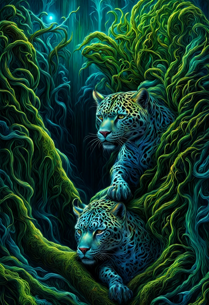 Neon Nature. Photorealistic full-body portrait masterpiece of a mysterious jaguar, a fusion of fcentral aconit with emotion Fear,loral and mechanical elements, wandering through an enchanted forest of bioluminescent trees and glowing plants. mesmerizing light. It explores the surreal landscape, a realm where nature and technology coexist harmoniously. Delicate flowers intertwined with polished metal vines form a fascinating, intricate pattern on the creature's skin. Art by Roger Dean, Josephine Wall, H.R. Giger, and Daniel Lieske. Cinematic high-quality photo, vibrant neon colors. High definition, UHD 4k wallpaper.
