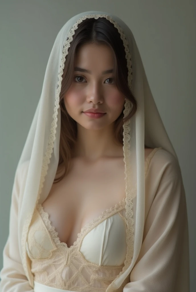 (top-quality、8k、​masterpiece:1.3)、Beautiful Women in Perfect Figure:1.4、dark brown hair、extremely detailed face and skin、A detailed eye、二重まぶた、huge tit、a smile、g-cup