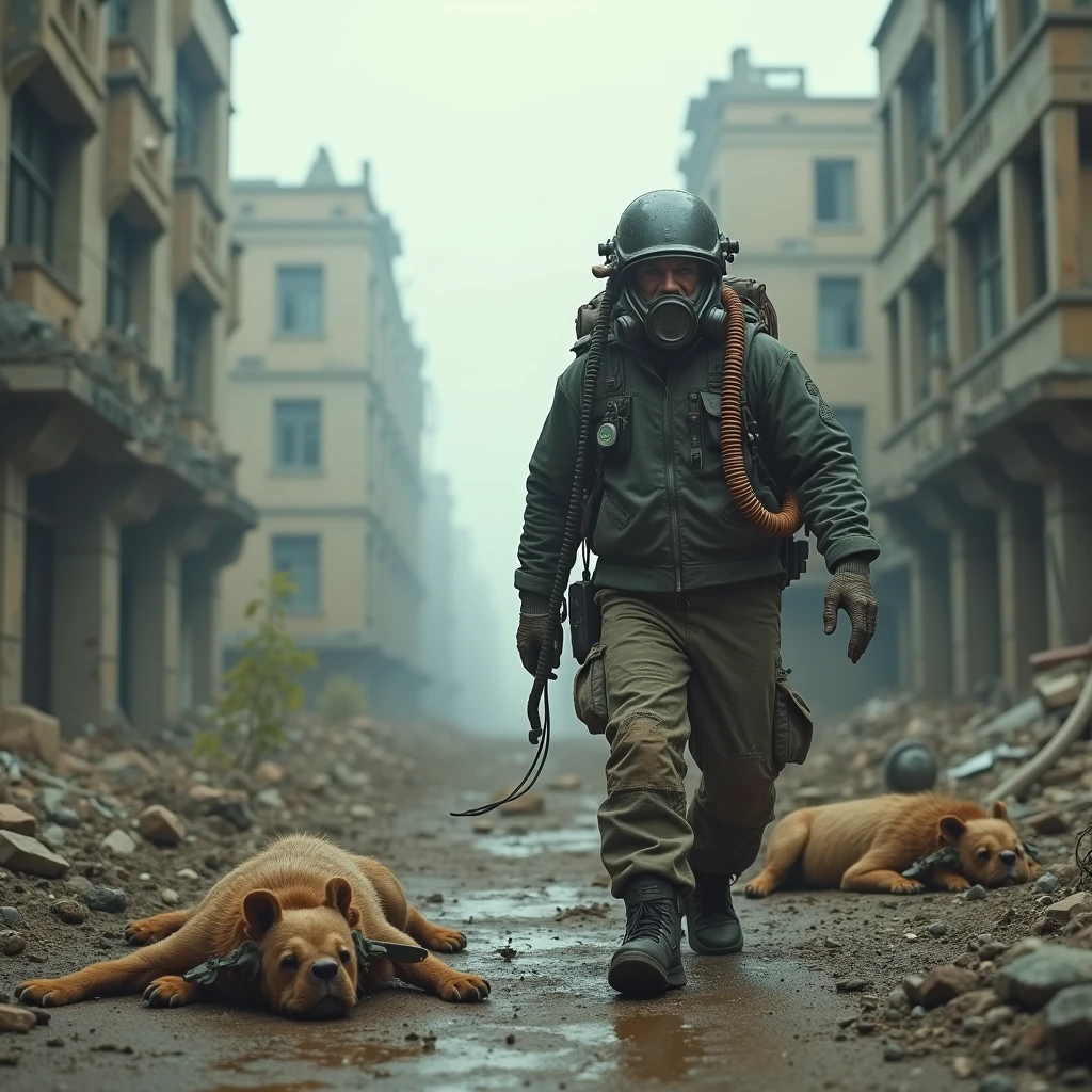 A landscape depicting a post-apocalyptic world where nature has defeated the remnants of civilization. Show abandoned city ruins or wastelands that tell the story of the fall of powerful empires. fallout vault. nuclear strike. Moscow. the Red Square. Kremlin. a man in a protective suit. dog.