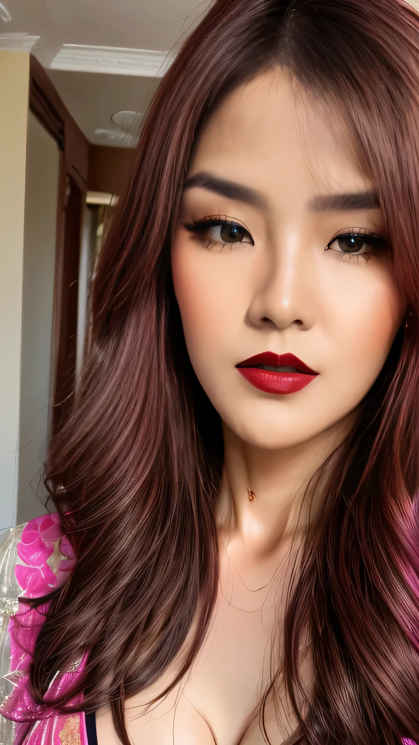 instagram photo, closeup face photo of 30 y.o Chloe in pink kebaya, chubby girl, Red Lipstick, sensual Lipstick, Sensational Make Up, cleavage, pale skin, (smile:0.4), hard shadows, Black G-STRING, bright lighting