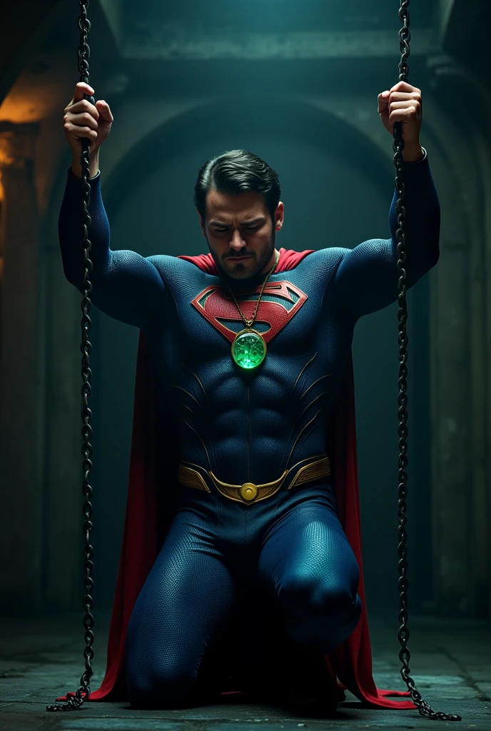 A Nicholas Alexander Chavez with chiseled features, dressed in a blue Superman suit with gold details, around 30 years old, with a small beard. He has a pained expression, with gloomy eyes. a glowing emerald green crystal pendant hanging from his neck. He looks weak and in pain, head down, with his eyes closed, knees on the floor, chains binding his muscular arms raised overhead, dark and foreboding dungeon interior, moody lighting, dramatic shadows, cinematic composition, photorealistic, highly detailed, 8k, unreal engine