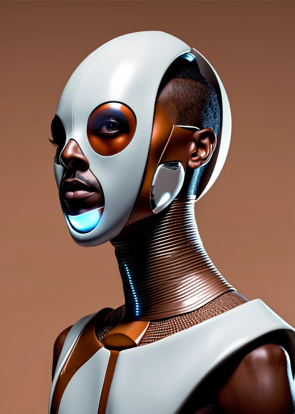 a brown skin man with a futuristic face and a futuristic head  , portrait_futurism