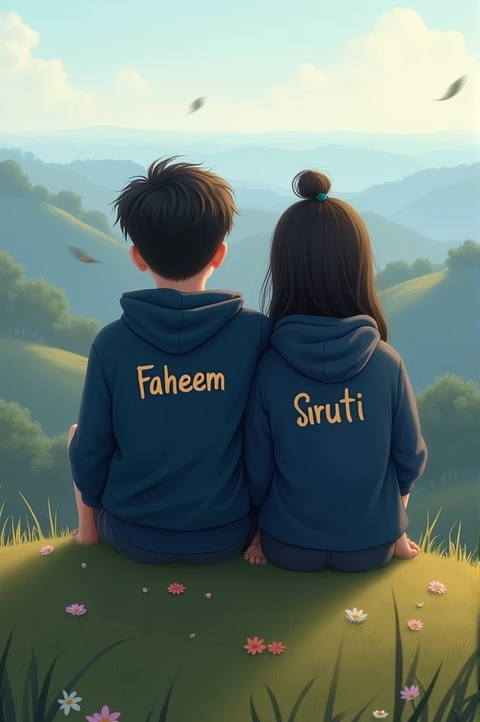 2 friends siting on the grass enjoying the view of rain, one boy name "kunal" written on the shirt and his hand is my shoulder another boy name "YOGESH" written on the t shirt 2d cartoon behind the cartoon 