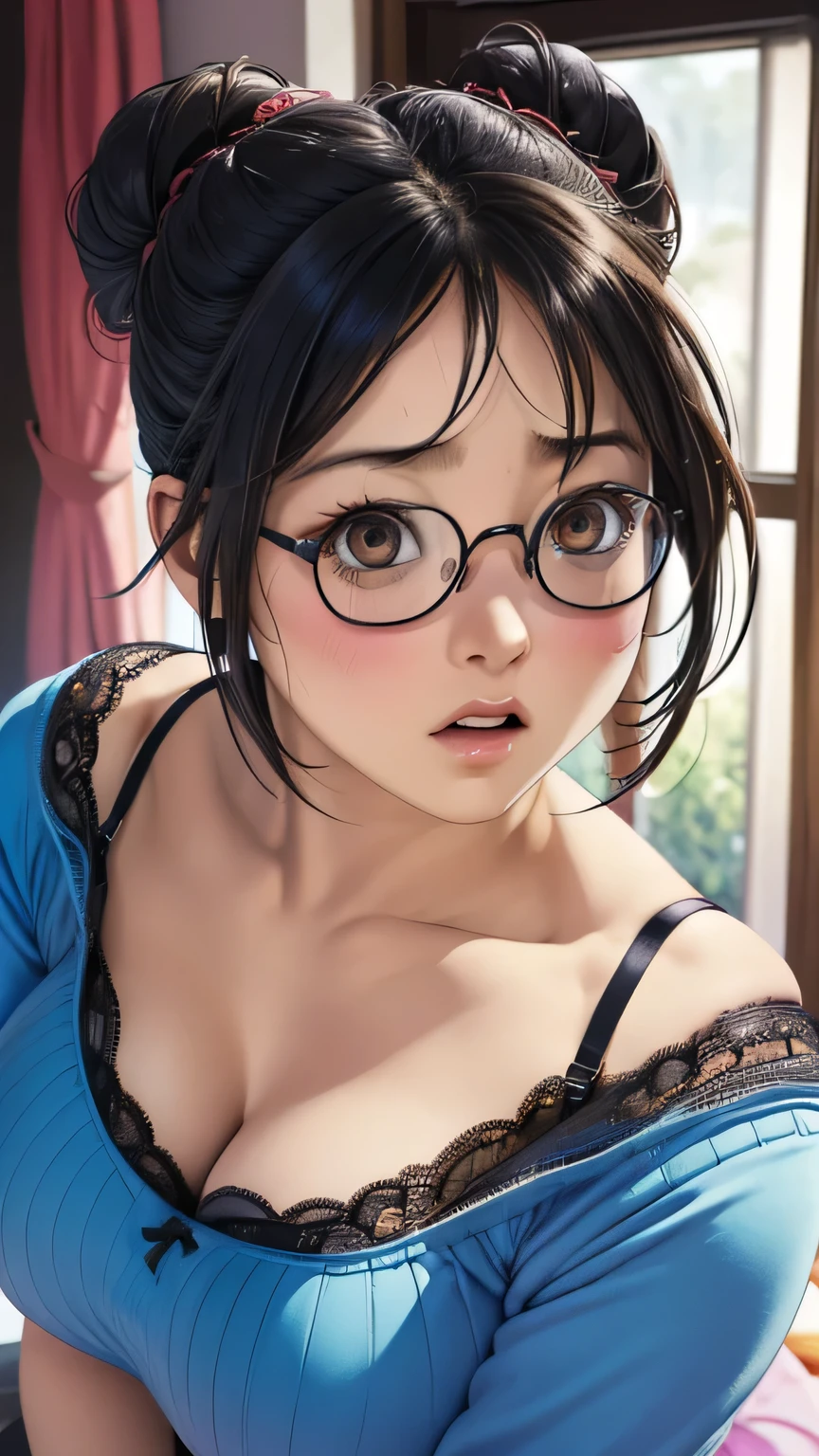 Realistic、woman、look up from below、face zoom、cleavage emphasis、sit on bed、sexually、smile、face reality、wearing glasses,low twintails,surprised expression,,blush,black hair