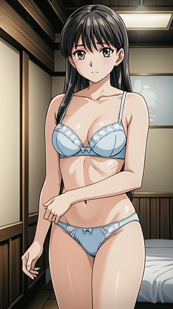 ((Tabletop, Highest quality, High resolution, , Pixel Perfect, 4K,))), 1 female, 、The whole body is visible、 ((Long Wavy Hair, bangs, Brown Hair)), ((Brown eyes, Beautiful eyelashes, Realistic eyes)), ((Detailed face, Blushing:1.2)), ((Smooth texture:0.75, Realistic texture:0.65, Realistic:1.1, Anime CG Style)), Medium sized breasts, Dynamic Angle, Perfect body, (( , , White camisole、No bra、Soft 、 Pink lace panties、、)), Gold Hair Ornament、Cross Necklace、、Very embarrassing panic smile, Stick your butt out、、、、、、、、Nipples are slightly visible、、、、Hotel shower room、、、、 、)、
