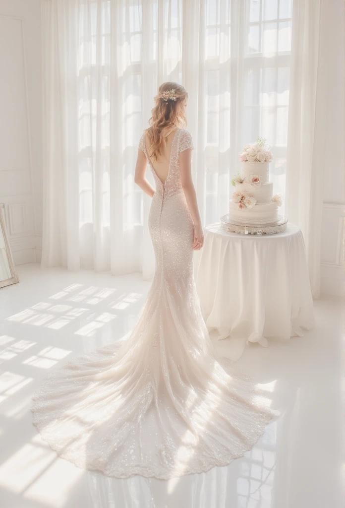 ((masterpiece)) ((photography)) ((Highest quality)) A graceful bride stands in an elegant, fitted white wedding dress with a delicate lace detail on the back. She faces a large, finely decorated white wedding cake in a bright, sunlit room with expansive windows. The atmosphere is serene, with soft light illuminating her gown, casting subtle shadows on the smooth floor.