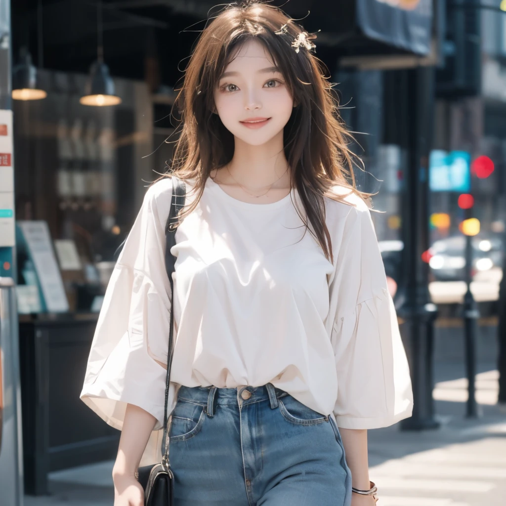 A girl who is smiling like a simple outfit and who is walking is looking at the camera 