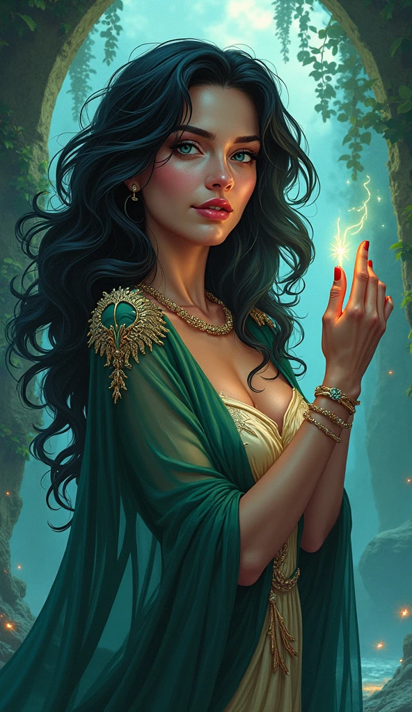 Sexy, busty, naked, black hair, smoking pipe, elf
