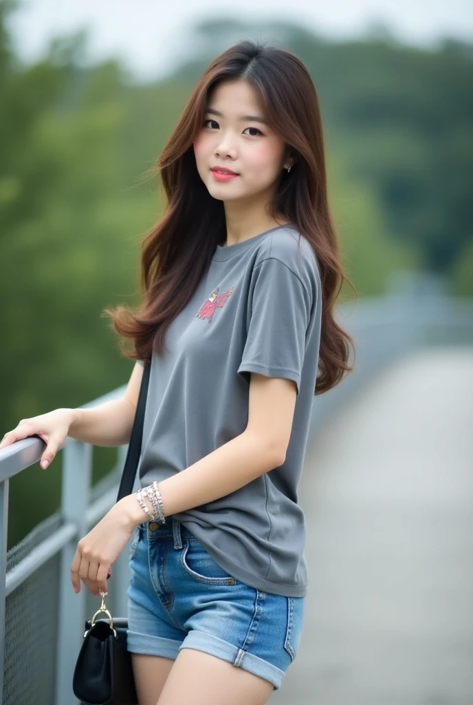 Thai Woman, smiling, wearing red shirt, mini skirt, looking at the sky,