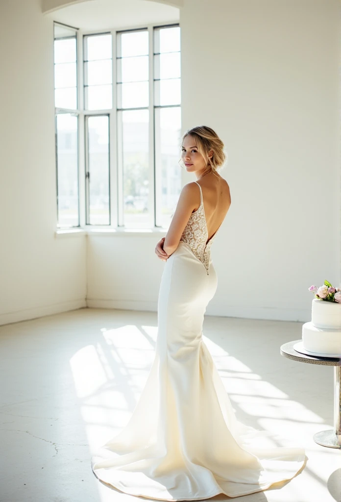 ((masterpiece)) ((photography)) ((Highest quality)) A graceful curvy blond bride stands in an elegant, fitted white wedding dress with a delicate lace detail on the back. She faces a large, finely decorated white wedding cake in a bright, sunlit room with expansive windows. The atmosphere is serene, with soft light illuminating her gown, casting subtle shadows on the smooth floor.