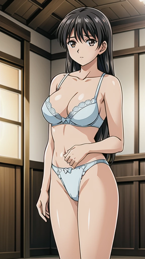 Orizuki Yuka 、Age 19、 black hair、Long Hair、、悲しいface、Brown Eyes 、 Full Body Style 、 normal breasts、、 narrow waist 、Bare legs、In underwear、 upper body bra、 blue bra、lower body panties ，blue ribbon panties，White pumps、 Official Art, Extremely Detailed CG Unity 8k Wallpaper, full light,  colorful , bright _ Front_face_Lighting,  shiny skin, ( masterpiece:1.0),(Highest_quality:1.0), 超 Hi-Res,4K, super detailed photo shoot, 8k,  Hi-Res,  Hi-Res,  absurd:1.2,  Kodak Portra 400, film grain,  blurry background, Bokeh:1.2,  lens flare , ( lively_ color:1.2), Professional photography, Anime Images、