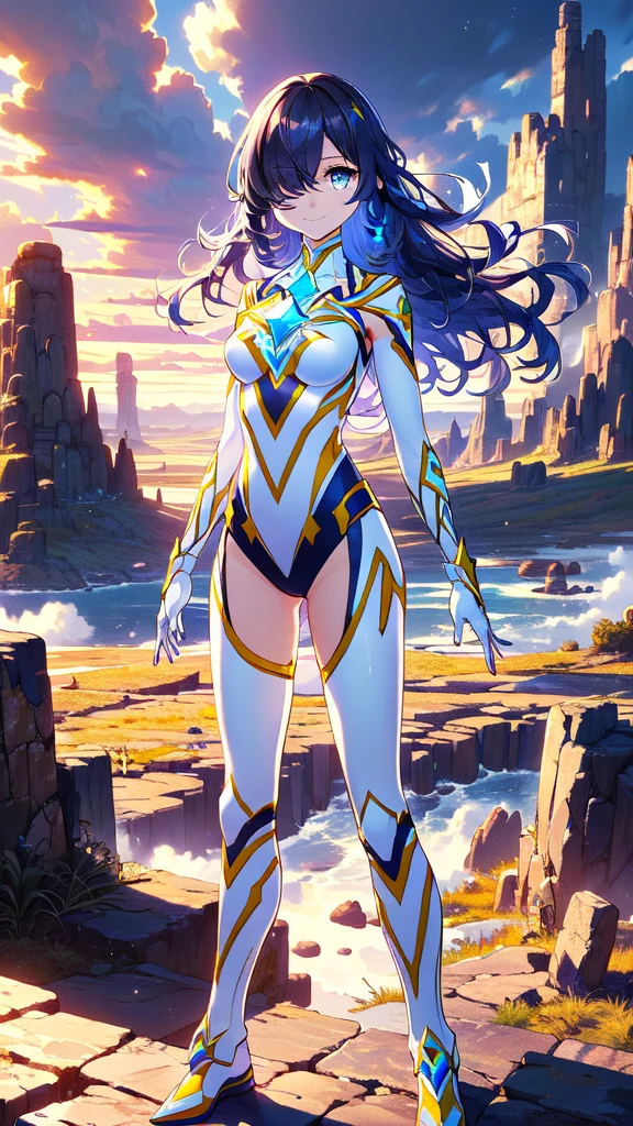 ((full body)), (Hair on one eye:1.5), smile,Trigger，magical girl, white and yellow geometric pattern, tight leotard, skin tight, blue gem on chest, fighting stance，
break gloves,  bare shoulders,  evening dress , armor, black armor,
break outdoors, desert, null, sun, cloud,
break looking at viewer, ( Cowboy Shooting:1.5),
break (masterpiece:1.2), Best Quality,  Hi-Res,  Unity 8K Wallpaper, (Illustration:0.8), ( beautiful detailed eyes :1.6),  Extremely Detailed Face ,  full light,  extremely detailed CG, (Perfect hands, perfect anatomy),