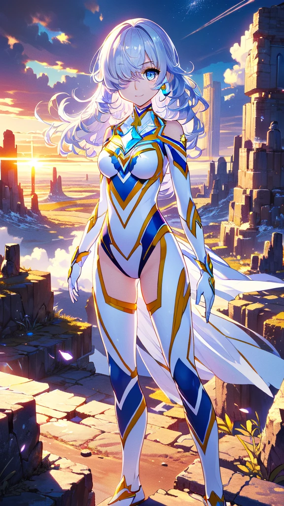 ((full body)), (Hair on one eye:1.5), smile,Trigger，magical girl, white and yellow geometric pattern, tight leotard, skin tight, blue gem on chest, fighting stance，
break gloves,  bare shoulders,  evening dress , armor, black armor,
break outdoors, desert, null, sun, cloud,
break looking at viewer, ( Cowboy Shooting:1.5),
break (masterpiece:1.2), Best Quality,  Hi-Res,  Unity 8K Wallpaper, (Illustration:0.8), ( beautiful detailed eyes :1.6),  Extremely Detailed Face ,  full light,  extremely detailed CG, (Perfect hands, perfect anatomy),