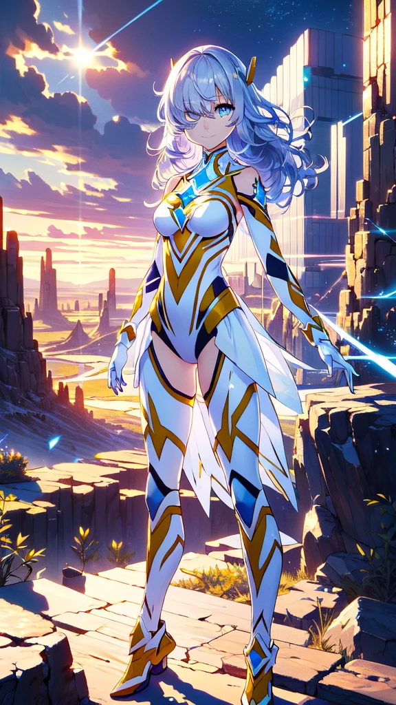 ((full body)), (Hair on one eye:1.5), smile,Trigger，magical girl, white and yellow geometric pattern, tight leotard, skin tight, blue gem on chest, fighting stance，
break gloves,  bare shoulders,  evening dress , armor, black armor,
break outdoors, desert, null, sun, cloud,
break looking at viewer, ( Cowboy Shooting:1.5),
break (masterpiece:1.2), Best Quality,  Hi-Res,  Unity 8K Wallpaper, (Illustration:0.8), ( beautiful detailed eyes :1.6),  Extremely Detailed Face ,  full light,  extremely detailed CG, (Perfect hands, perfect anatomy),