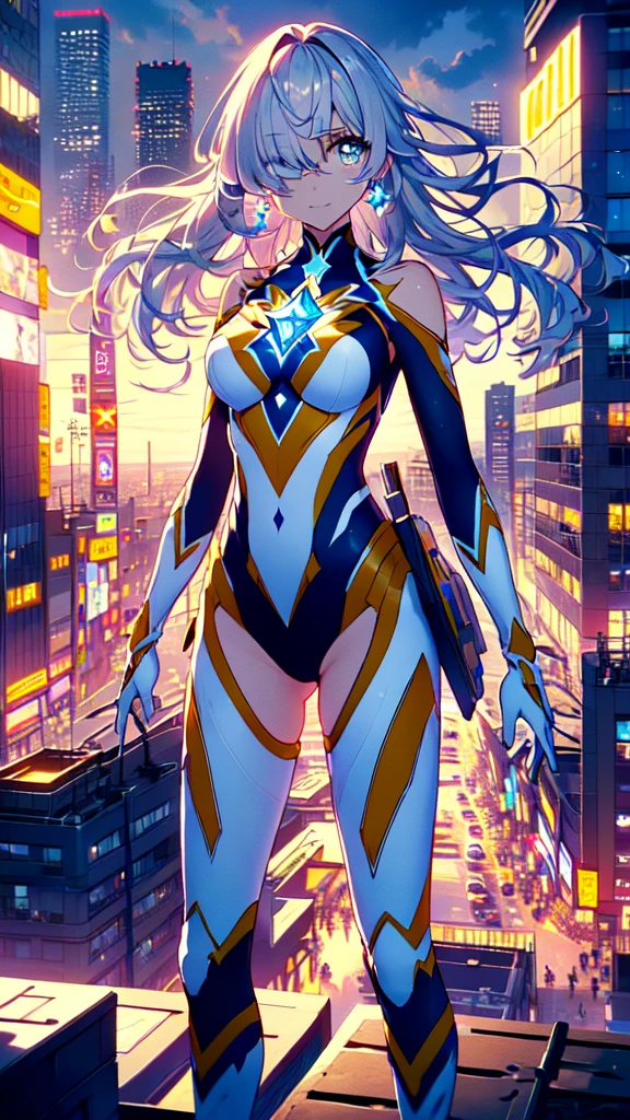 ((full body)), (Hair on one eye:1.5), smile,Trigger，magical girl, white and yellow geometric pattern, tight leotard, skin tight, blue gem on chest, fighting stance，
break gloves,  bare shoulders,  evening dress , armor, black armor,
break outdoors, desert, null, sun, cloud,
break looking at viewer, ( Cowboy Shooting:1.5),
break (masterpiece:1.2), Best Quality,  Hi-Res,  Unity 8K Wallpaper, (Illustration:0.8), ( beautiful detailed eyes :1.6),  Extremely Detailed Face ,  full light,  extremely detailed CG, (Perfect hands, perfect anatomy),