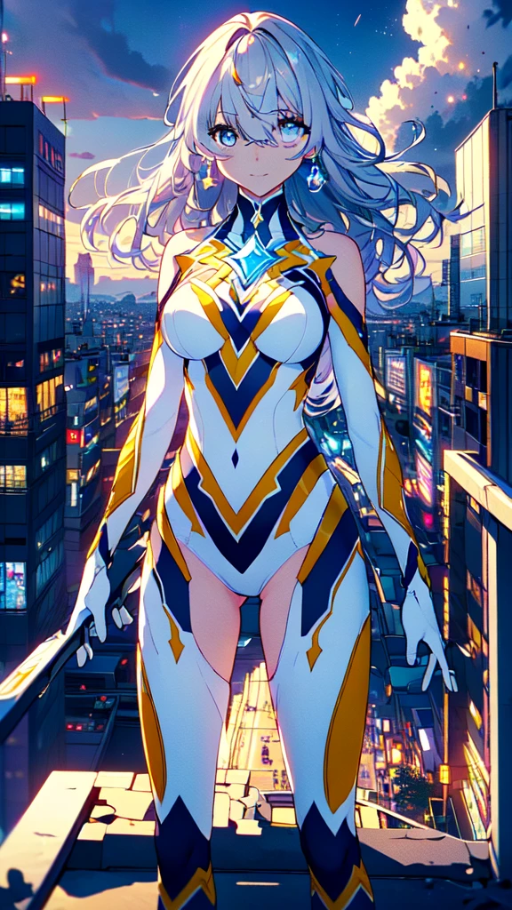 ((full body)), (Hair on one eye:1.5), smile,Trigger，magical girl, white and yellow geometric pattern, tight leotard, skin tight, blue gem on chest, fighting stance，
break gloves,  bare shoulders,  evening dress , armor, black armor,
break outdoors, desert, null, sun, cloud,
break looking at viewer, ( Cowboy Shooting:1.5),
break (masterpiece:1.2), Best Quality,  Hi-Res,  Unity 8K Wallpaper, (Illustration:0.8), ( beautiful detailed eyes :1.6),  Extremely Detailed Face ,  full light,  extremely detailed CG, (Perfect hands, perfect anatomy),