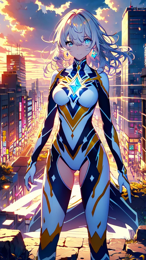 ((full body)), (Hair on one eye:1.5), smile,Trigger，magical girl, white and yellow geometric pattern, tight leotard, skin tight, blue gem on chest, fighting stance，
break gloves,  bare shoulders,  evening dress , armor, black armor,
break outdoors, desert, null, sun, cloud,
break looking at viewer, ( Cowboy Shooting:1.5),
break (masterpiece:1.2), Best Quality,  Hi-Res,  Unity 8K Wallpaper, (Illustration:0.8), ( beautiful detailed eyes :1.6),  Extremely Detailed Face ,  full light,  extremely detailed CG, (Perfect hands, perfect anatomy),