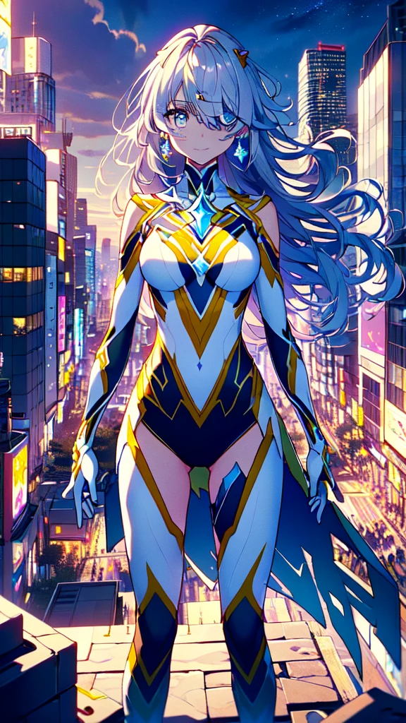 ((full body)), (Hair on one eye:1.5), smile,Trigger，magical girl, white and yellow geometric pattern, tight leotard, skin tight, blue gem on chest, fighting stance，
break gloves,  bare shoulders,  evening dress , armor, black armor,
break outdoors, desert, null, sun, cloud,
break looking at viewer, ( Cowboy Shooting:1.5),
break (masterpiece:1.2), Best Quality,  Hi-Res,  Unity 8K Wallpaper, (Illustration:0.8), ( beautiful detailed eyes :1.6),  Extremely Detailed Face ,  full light,  extremely detailed CG, (Perfect hands, perfect anatomy),