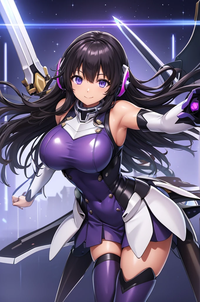 smile、smile、mecha wing、Thighs、tights、chest、Shiny black hair、 1 girl、 solo girl 、 headphones、idol dress、 I have a sword、 has a shield、mecha girl、 purple miniskirt 、I have a white armor 