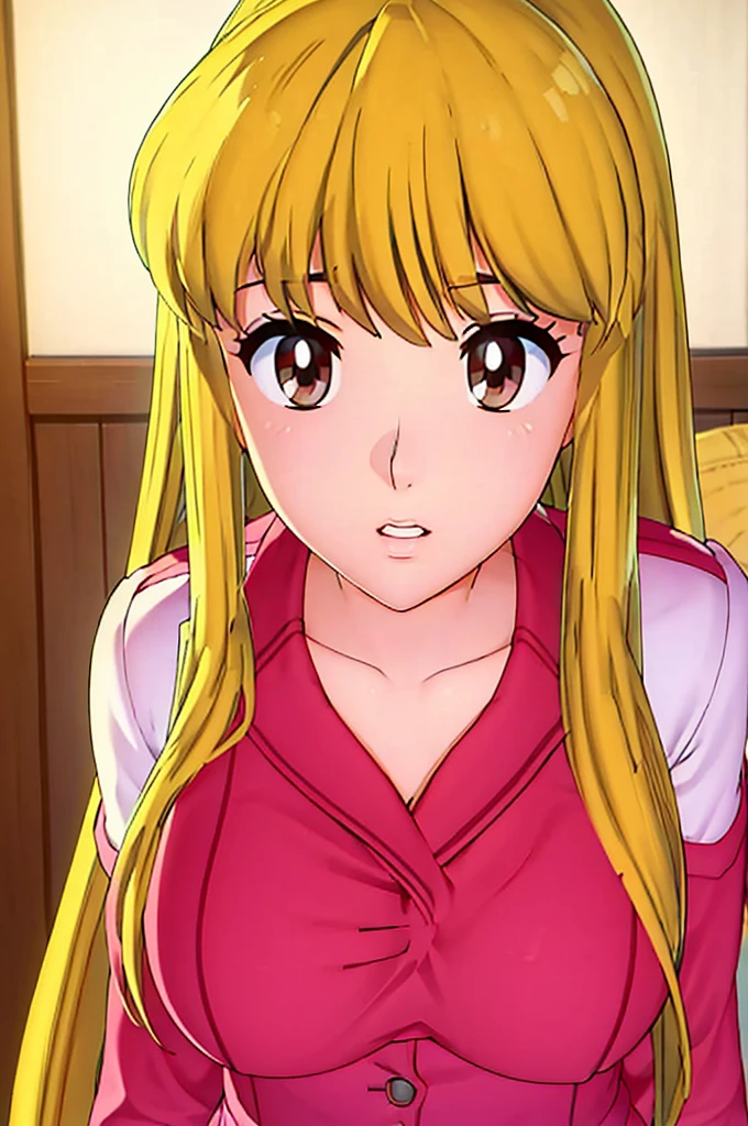 1girl, long yellow hair, detailed face, beautiful eyes, beautiful lips, long eyelashes, large breasts, white crop top, long sleeves, pink jeans, collarbone, standing, (best quality, 4k, 8k, highres, masterpiece:1.2), ultra-detailed, (realistic, photorealistic, photo-realistic:1.37), studio lighting, sharp focus, physically-based rendering, extreme detail description, professional, vivid colors, bokeh, portrait