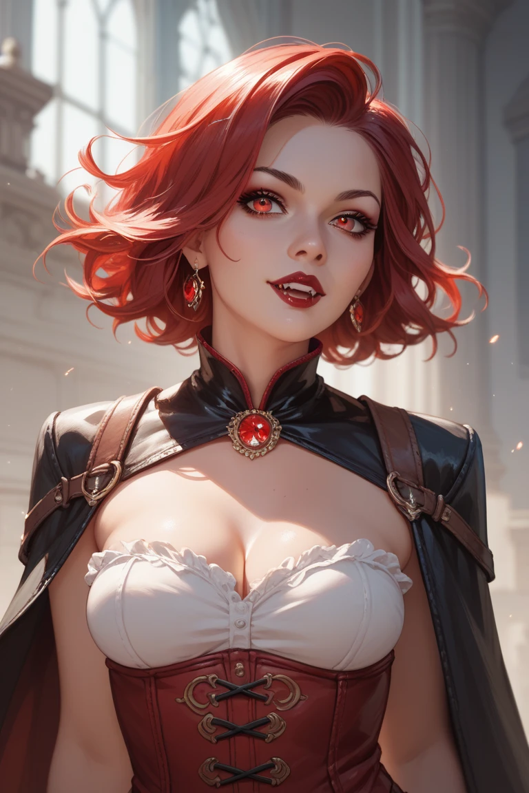 red haired pretty woman, gun assassin, mercenary, evil laugh, evil, psycho, short and low ponytail, two heavy scars across right eye (starting from top of eye), white eyes, smug, cocky, black and red cloth top, portrait, medieval times, drop shadow, wide shot, high detail, anatomically correct, masterpiece, highres, high quality, high details, 8k, retina,