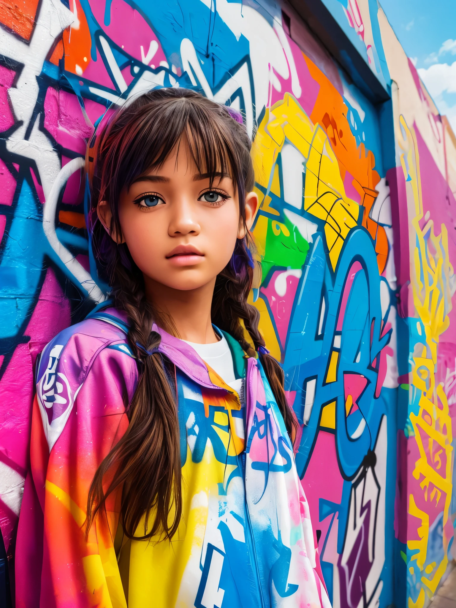 (best quality), masterpiece, extremely detailed CG uniform 8K illustration, high color, extremely high color saturation, all colors deepened, paint, graffiti art, center composition, extremely detailed light and shadow, graffiti wall, wall painted bright, 1 girl graffiti 1 girl looking at the wall, extremely detailed face and eyes, medium length hair, sportswear, colored clouds,