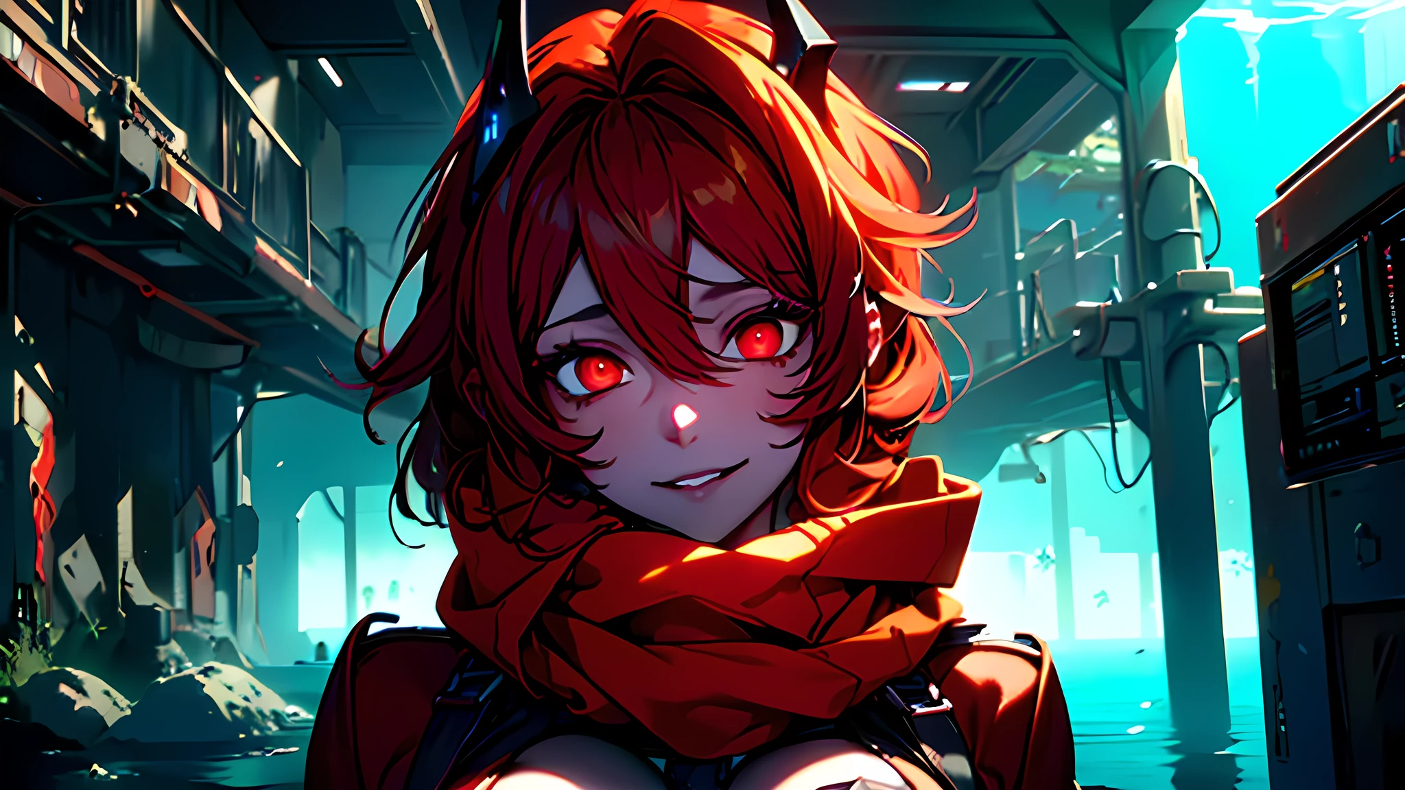 ((Best quality)), ((masterpiece)), (detailed:1.4), 3D, an image of a beautiful cyberpunk female, Yandere , Yandere Face , Trance , Trance Eyes , yameroyandere , constricted pupils , yandere , empty eyes . shaded face , crazy eyes , glowing red eyes , crazy smile , Redhood , exposed chest , long red scarf , long red burning hair , Horn Headgear , Red Jacket Cloth , Red Eyes, Black undercloth, large breasts, Dive under the sea,  Undersea as background ,HDR (High Dynamic Range),Ray Tracing,NVIDIA RTX,Super-Resolution,Unreal 5,Subsurface scattering,PBR Texturing,Post-processing,Anisotropic Filtering,Depth-of-field,Maximum clarity and sharpness,Multi-layered textures,Albedo and Specular maps,Surface shading,Accurate simulation of light-material interaction,Perfect proportions,Octane Render,Two-tone lighting,Wide aperture,Low ISO,White balance,Rule of thirds,8K RAW,