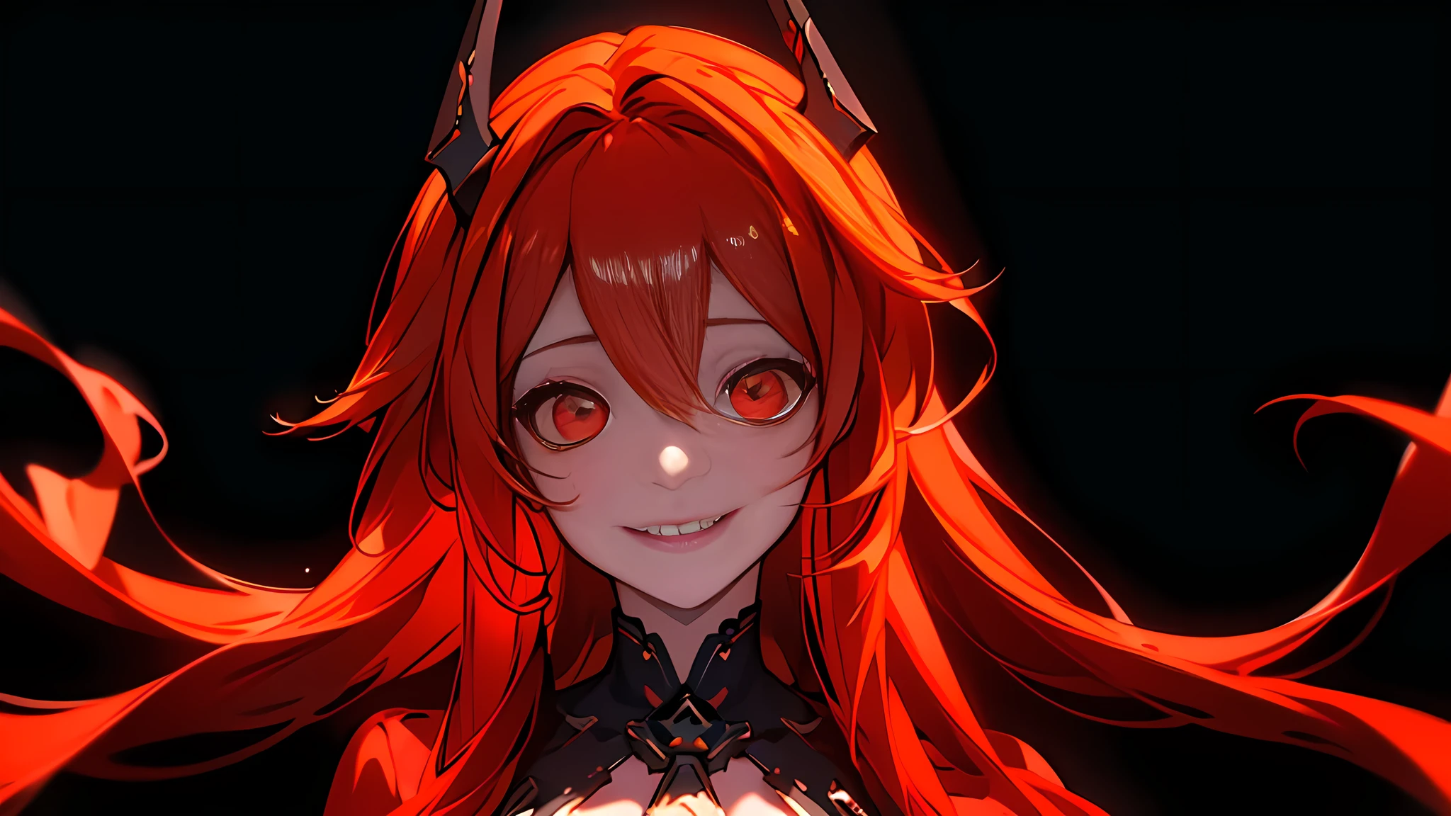 ((Best quality)), ((masterpiece)), (detailed:1.4), 3D, an image of a beautiful cyberpunk female, Yandere , Yandere Face , Trance , Trance Eyes , yameroyandere , constricted pupils , yandere , empty eyes . shaded face , crazy eyes , glowing red eyes , crazy smile , Redhood , long red burning hair , Horn Headgear , Red Jacket Cloth , Red Eyes, Black undercloth, large breasts, Dive under the sea, Undersea as background ,HDR (High Dynamic Range),Ray Tracing,NVIDIA RTX,Super-Resolution,Unreal 5,Subsurface scattering,PBR Texturing,Post-processing,Anisotropic Filtering,Depth-of-field,Maximum clarity and sharpness,Multi-layered textures,Albedo and Specular maps,Surface shading,Accurate simulation of light-material interaction,Perfect proportions,Octane Render,Two-tone lighting,Wide aperture,Low ISO,White balance,Rule of thirds,8K RAW,