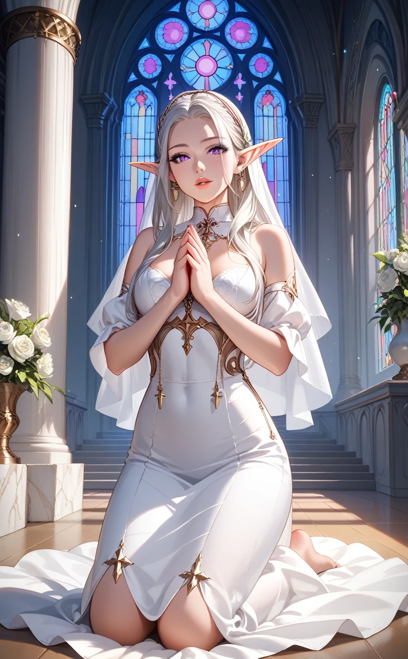 1 girl, Beautiful elf lady, sliver-white Long straight hair, upturn elf pointy ears, sexy figure, charming cleavage, very beautiful face, detailed face, delicate eyes, detailed pupil, beautiful and delicate lips, pale skin, Serious, arrogant, absurd, gorgeous detailed dress, royalties, celebration, elegant, Noble, Bare shoulders, small crystal earrings, hand drawn animation, high detailed, palace banquet hall, symmetrical clothes, best quality, masterpiece, Fair,