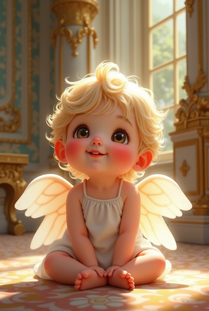 Cartoon style 3d render of angel girl with brown hair and blue eyes sitting on the floor barefoot showing her soles