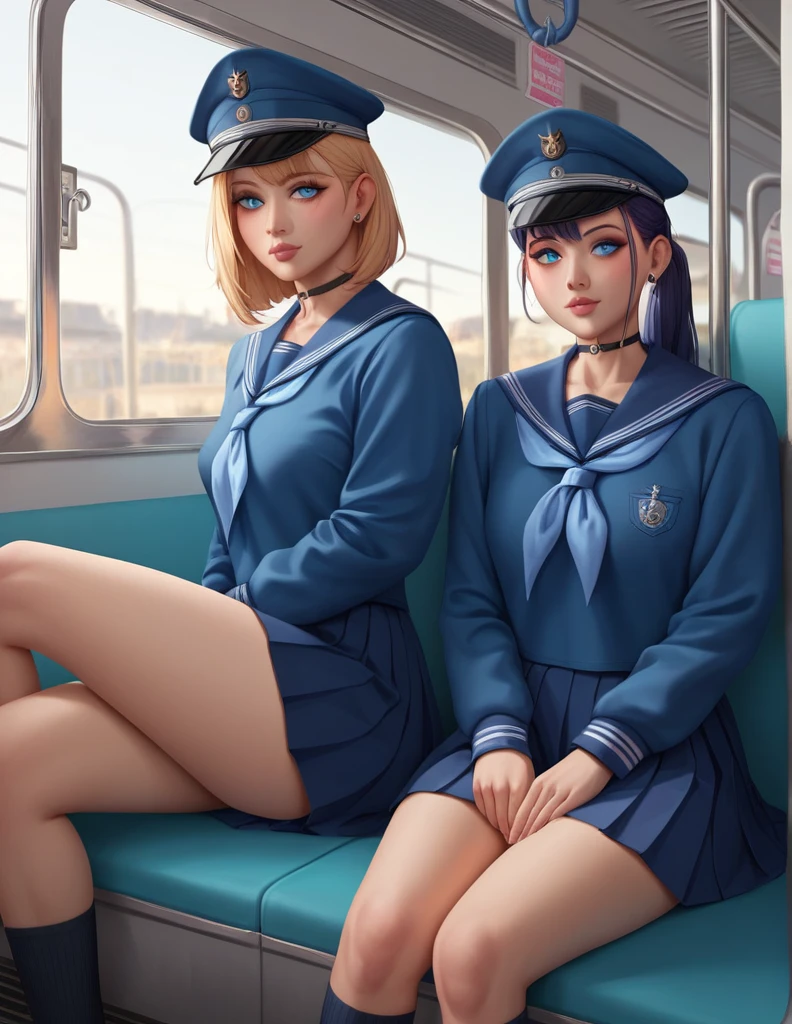 "Two empty school uniforms arranged to look as if they're sitting on a subway train seat. The uniforms are Japanese-style sailor outfits, one in navy blue and the other in white with navy accents, both without visible heads, hands, or legs, giving them a ghostly appearance. The train seat is bright orange, and the background shows a typical subway interior. Realistic lighting and shading, detailed fabric texture."
