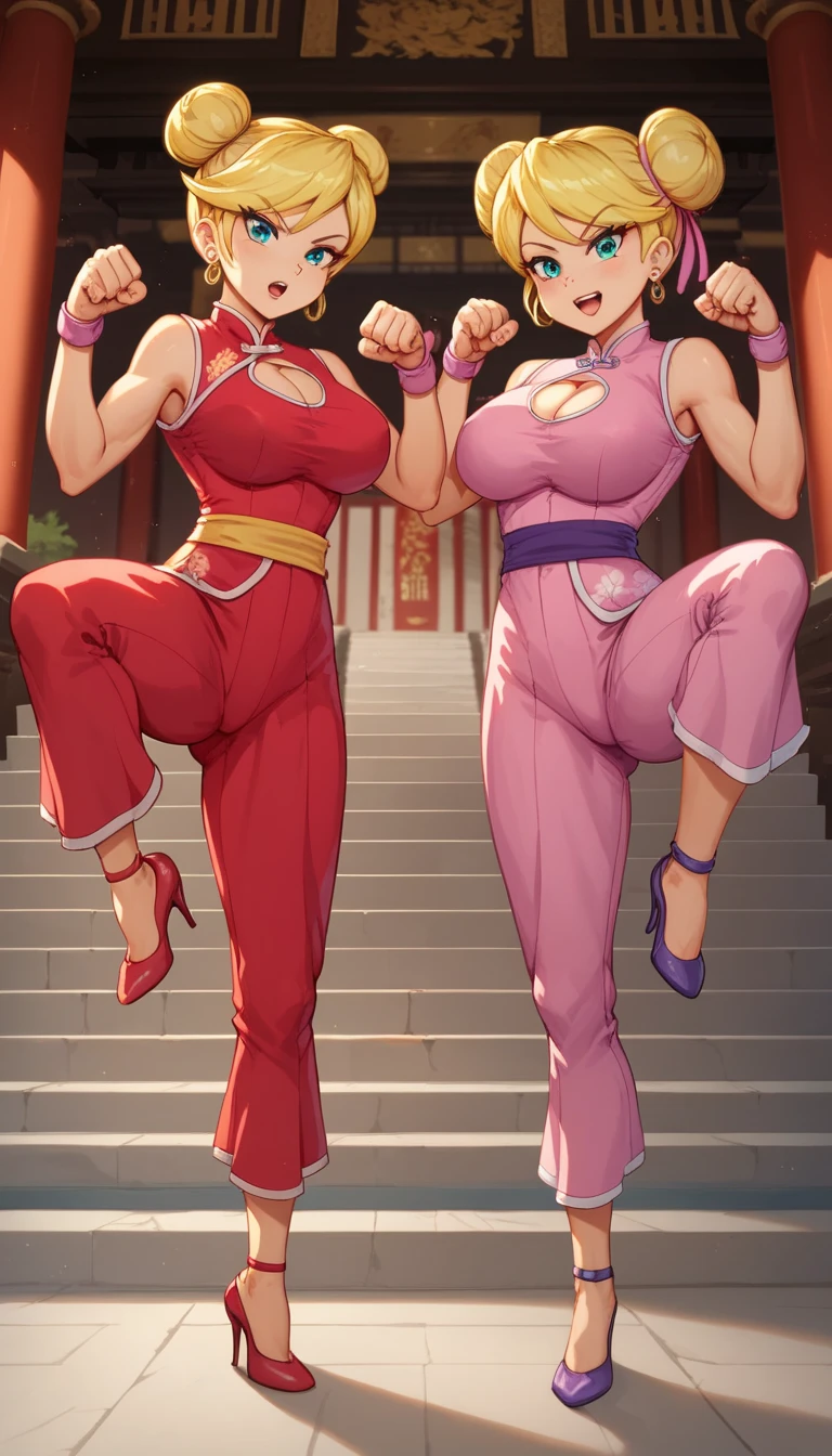 lola loud, 2girls, duo, 24yo girl, large breasts, pink cheongsam, inside of a chinese temple, looking at viewer, blonde hair, two hair buns , hands score_9, score_8_up, score_7_up, high heels, teep fighting stance,martial arts, stairs behind her, guarding the stairs, they wear the same outfit, they are twins