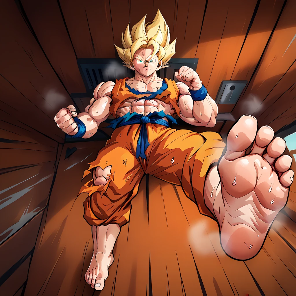 (A detailed drawing of goku, blonde hair, super saiyajin, Bodybuilding-Fitnessstudio.), With a naked torso, Ripping clothes, shorts, slip, the strongest of all, huge muscular body, big Bizeps, big shoulders, Muscle legs,abs, Barefoot, Martial arts, score_9, score_8_up, score_7_up, source_anime, solo, muscular, looking at viewer, barefoot, Full Body Image , barefoot, soles of feet visible, feet sweating and steaming, vista head on, karate fight, head on, wooden cabin background, view from below