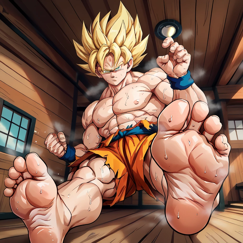 (A detailed drawing of goku, blonde hair, super saiyajin, Bodybuilding-Fitnessstudio.), With a naked torso, Ripping clothes, shorts, slip, the strongest of all, huge muscular body, big Bizeps, big shoulders, Muscle legs,abs, Barefoot, Martial arts, score_9, score_8_up, score_7_up, source_anime, solo, muscular, looking at viewer, barefoot, Full Body Image , barefoot, soles of feet visible, feet sweating and steaming, vista head on, karate fight, head on, wooden cabin background, view from below