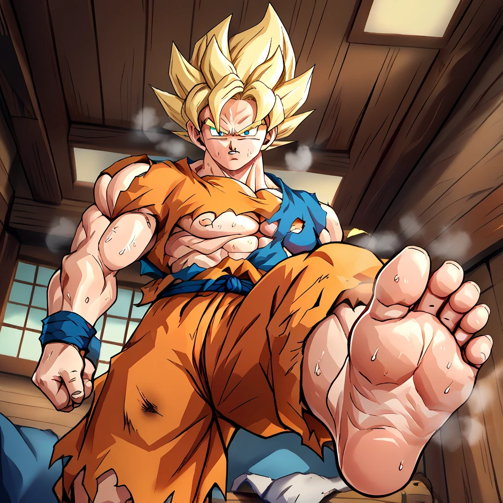 (A detailed drawing of goku, blonde hair, super saiyajin, Bodybuilding-Fitnessstudio.), With a naked torso, Ripping clothes, shorts, slip, the strongest of all, huge muscular body, big Bizeps, big shoulders, Muscle legs,abs, Barefoot, Martial arts, score_9, score_8_up, score_7_up, source_anime, solo, muscular, looking at viewer, barefoot, Full Body Image , barefoot, soles of feet visible, feet sweating and steaming, vista head on, karate fight, head on, wooden cabin background, view from below