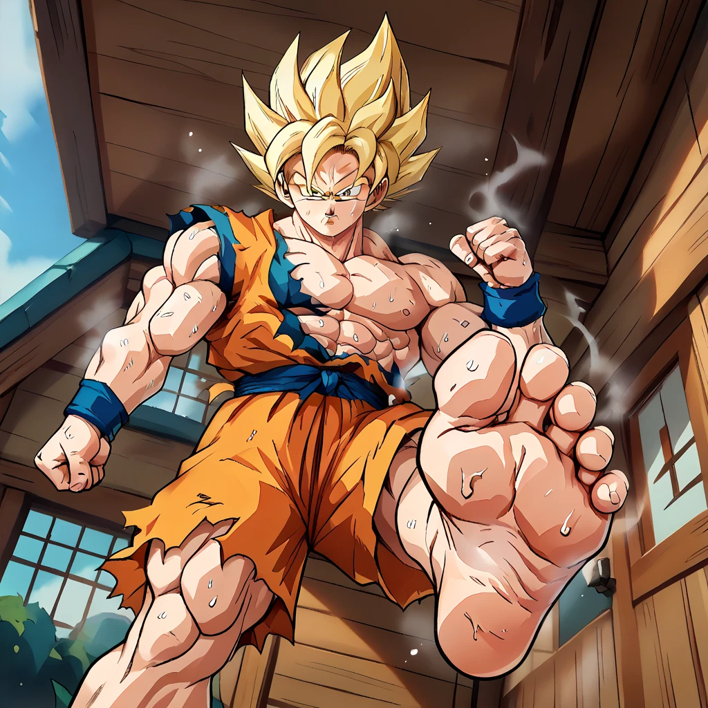 (A detailed drawing of goku, blonde hair, super saiyajin, Bodybuilding-Fitnessstudio.), With a naked torso, Ripping clothes, shorts, slip, the strongest of all, huge muscular body, big Bizeps, big shoulders, Muscle legs,abs, Barefoot, Martial arts, score_9, score_8_up, score_7_up, source_anime, solo, muscular, looking at viewer, barefoot, Full Body Image , barefoot, soles of feet visible, feet sweating and steaming, vista head on, karate fight, head on, wooden cabin background, view from below