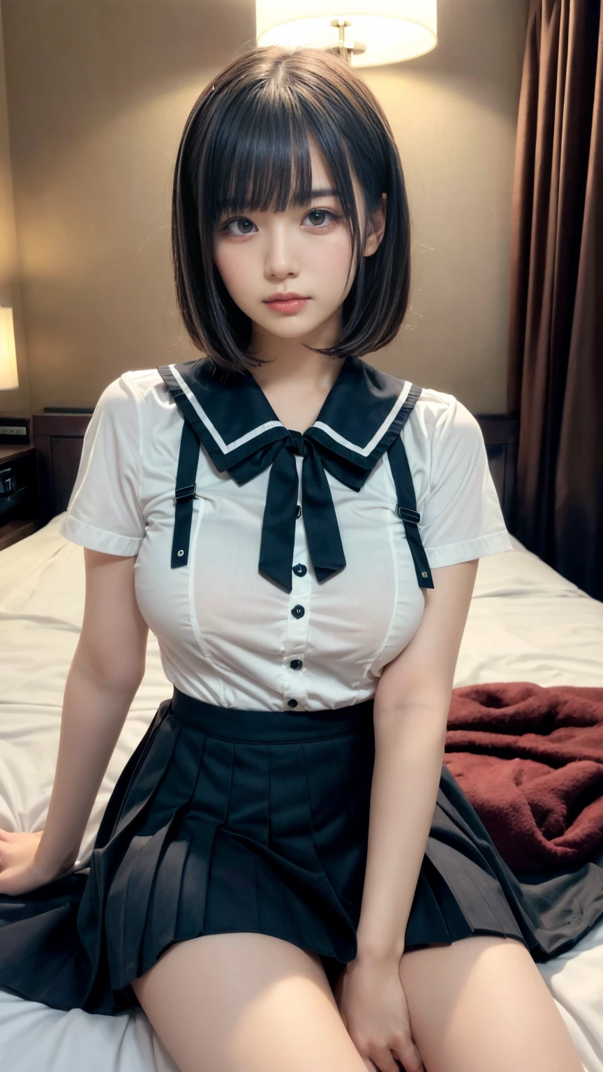 masterpiece, best quality, illustration, Super detailed, fine details, High resolution, 8K,wall paper, perfect dynamic composition,(Details High quality, realistic depiction of eyes:1.3), Black Sailor Uniform, serafuku, Navy pleated skirt, sitting, open legs, short bob hair, Sitting in hotel room, deep on field, large breasts, black hair color, Big Natural Color Lip, (perfect body shape), crying a little、Harajuku style、20 year old girl、cute type、beautiful legs, Gravure Idol